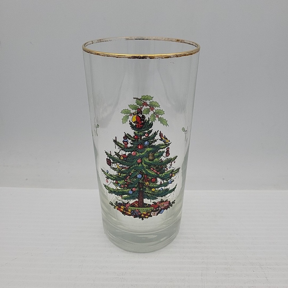 Spode Christmas Tree Gold Rim Highball Glass 14oz Made in UK Holiday Barware